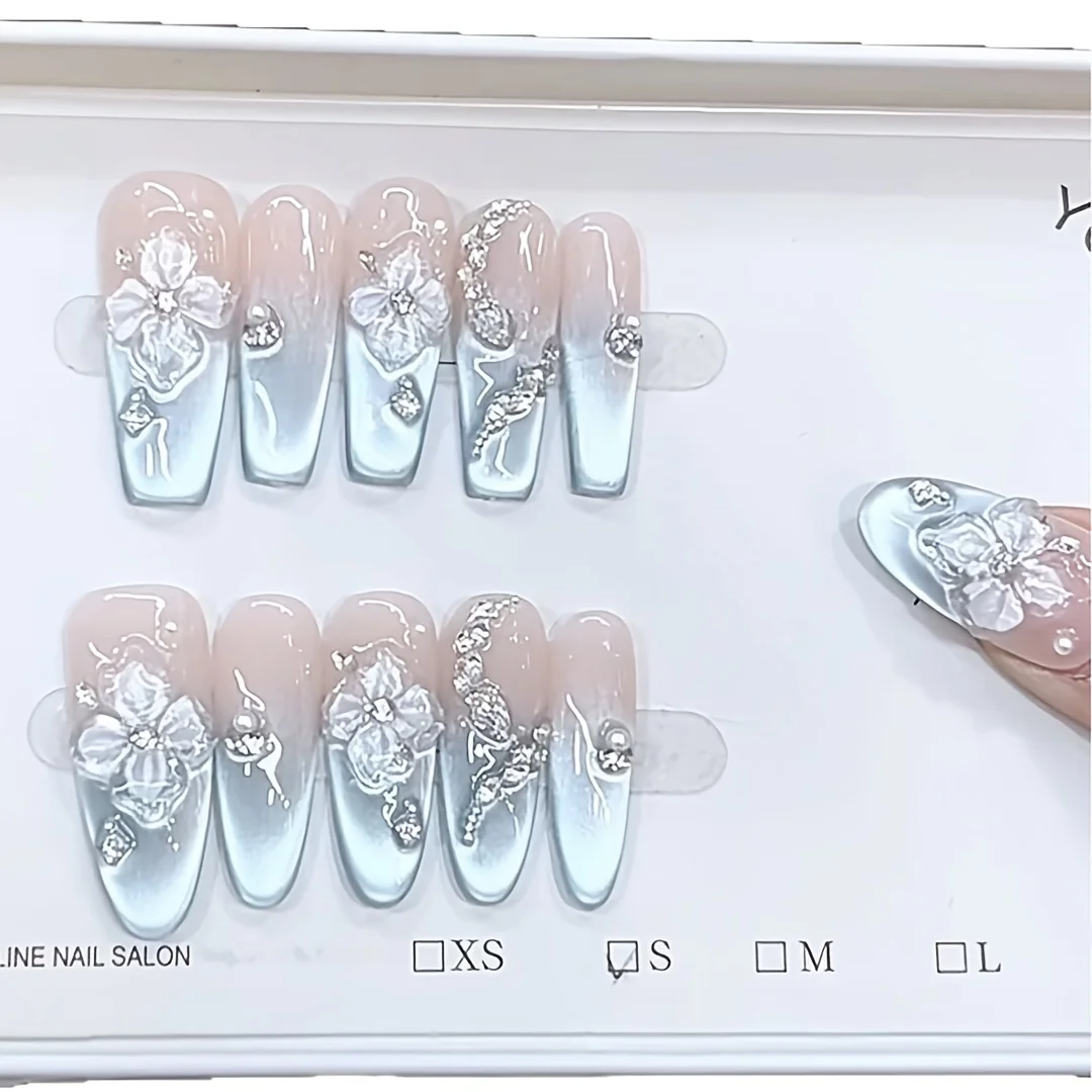 10pcs High-end French seaside ice flower three-dimensional hand-painted relief small flower cat's eye style handmade fake nails,
