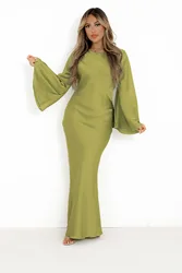 2024 New Sexy Slim Solid Color Satin Dresses Women O-neck Flare Sleeve Casual  Maxi Trumpet Mermaid  Dresses