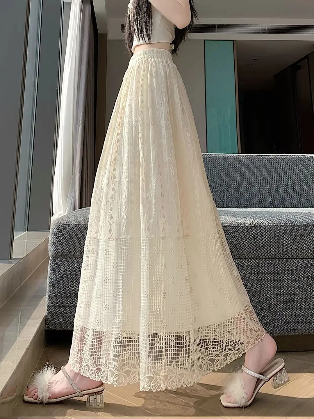 Women's Lace-Panel Midi Skirt New Summer Style High-Waisted Embroidery Hollow out A-Line Elegant Tulle Skirt