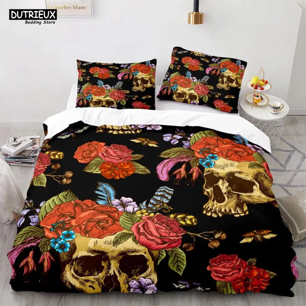 Skeleton Skull Bedding Set 2/3PCS Queen King Full Size Duvet Cover Set With Pillowcases Rose Flower Bed Linen For Adults Teens