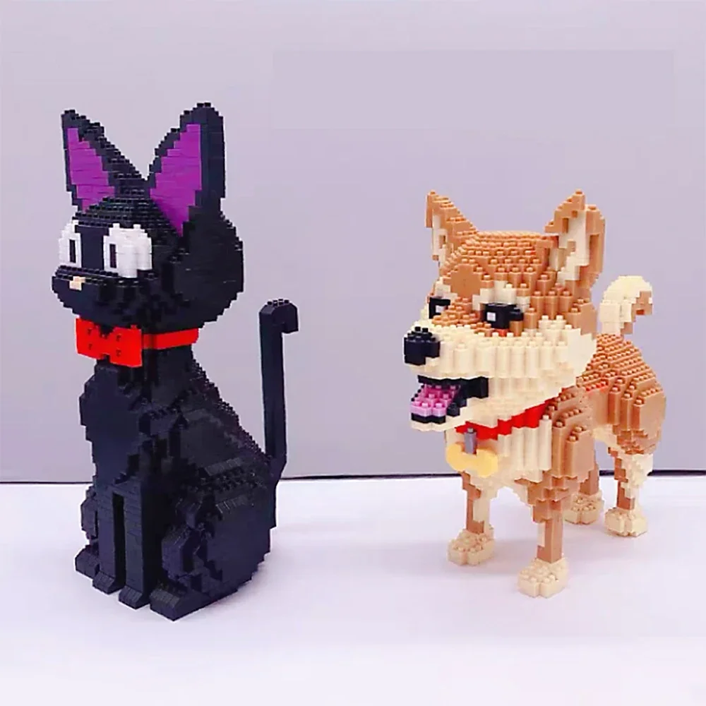 Animal World Black Cat Dog Sit Pet Bow 3D Model DIY Mini Diamond Blocks Bricks Building Toy for Children Gifts