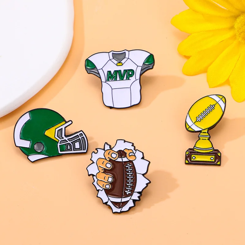 Rugby Trophy Enamel Pins Creative Cartoon Football Goal Panda Jersey Helmet Brooch Badge Trendy Cute Lapel Jewelry Gift For Kids