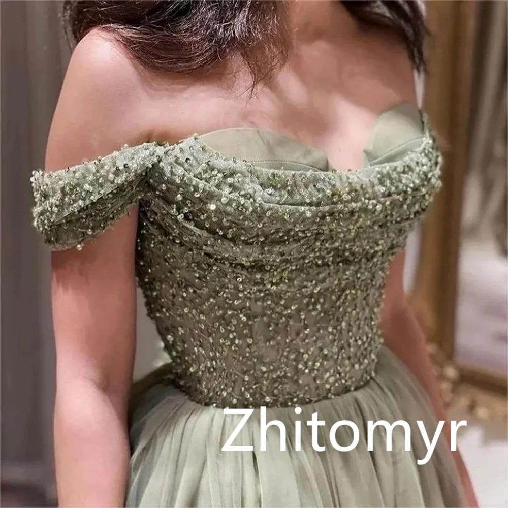 Customized Ball Elegant Sparkle Off-the-shoulder Gown Party Dresses Beading Paillette / Sequins Sweep/Brush Net/Tulle Evening