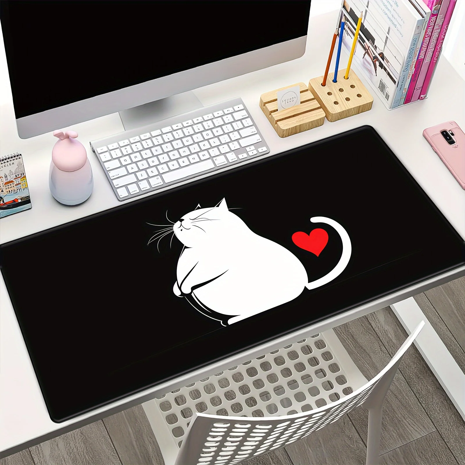 Tapis de souris design chat blanc mignon et en forme de coeur tapis de bureau bord cousu tapis de jeu antidérapant Durable tapis de souris noir tapis souris