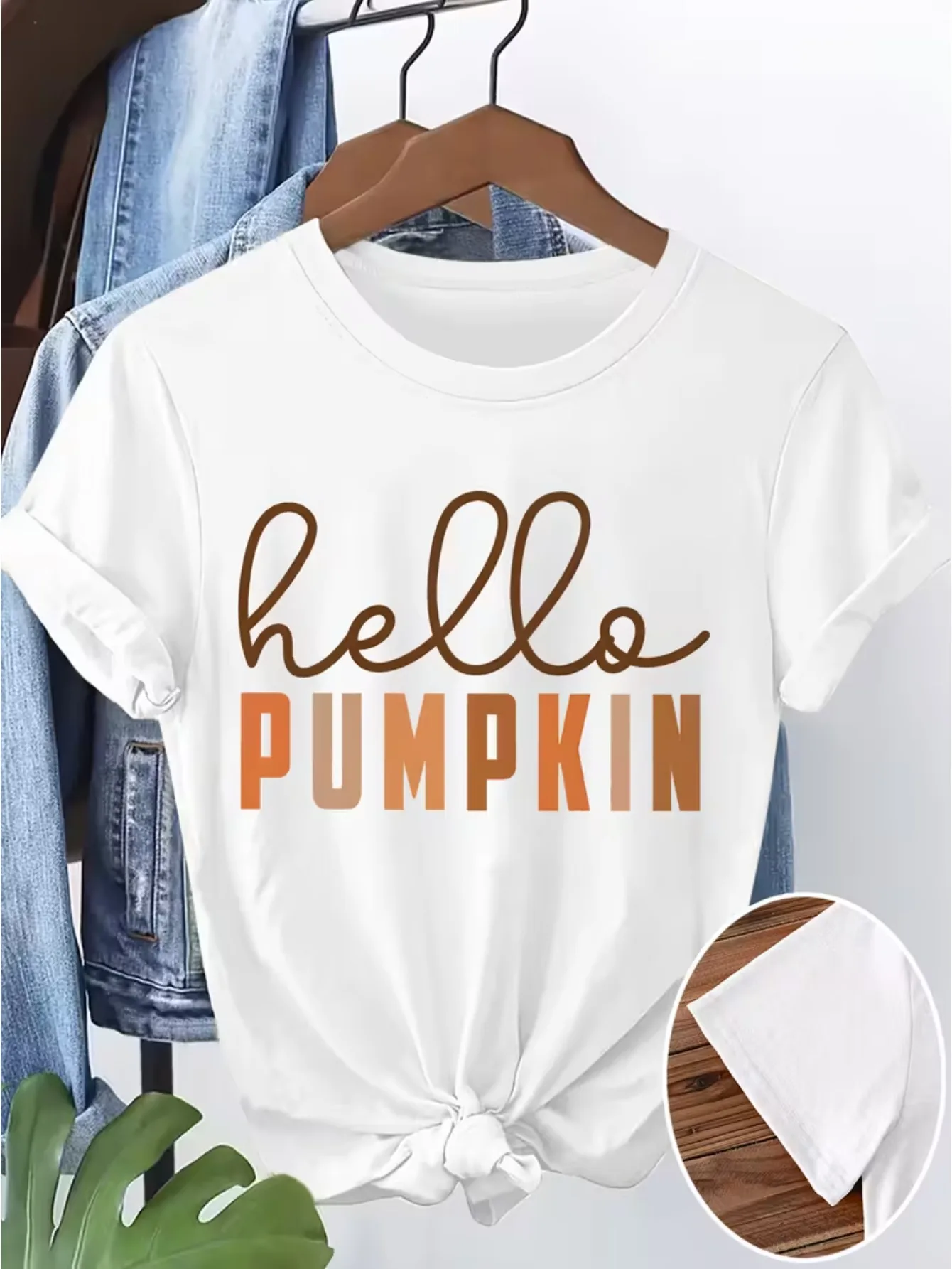 Women' Brown-Orange Gradient 'hello PUMPKIN' T-Shirt - Soft Crew Neck Short Sleeve Top with Handwritten Lettering, American Vintage Fall Style Casual Suitable for - Wear, Machine Washable Pumpkin Print Tee