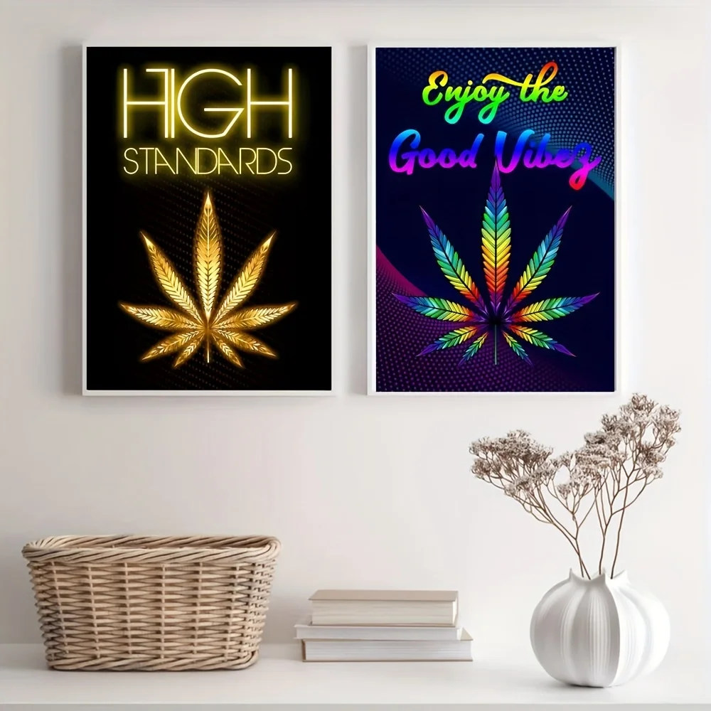 Canvas Print, Gold Leaf 'High Standard' Painting, Colorful Neon Wall Art, Poster Picture for Living Room, Aesthetic Home Decor