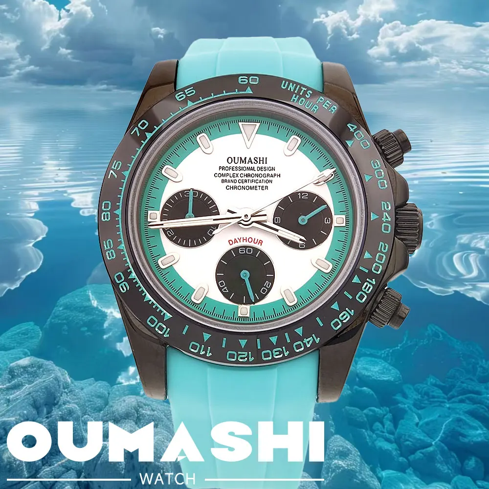 39 มม.นาฬิกาผู้ชายสีดํา VK63 การเคลื่อนไหว chronograph sapphire glass สายยางธุรกิจผู้ชายนาฬิกาข้อมือกันน้ํา 10Bar