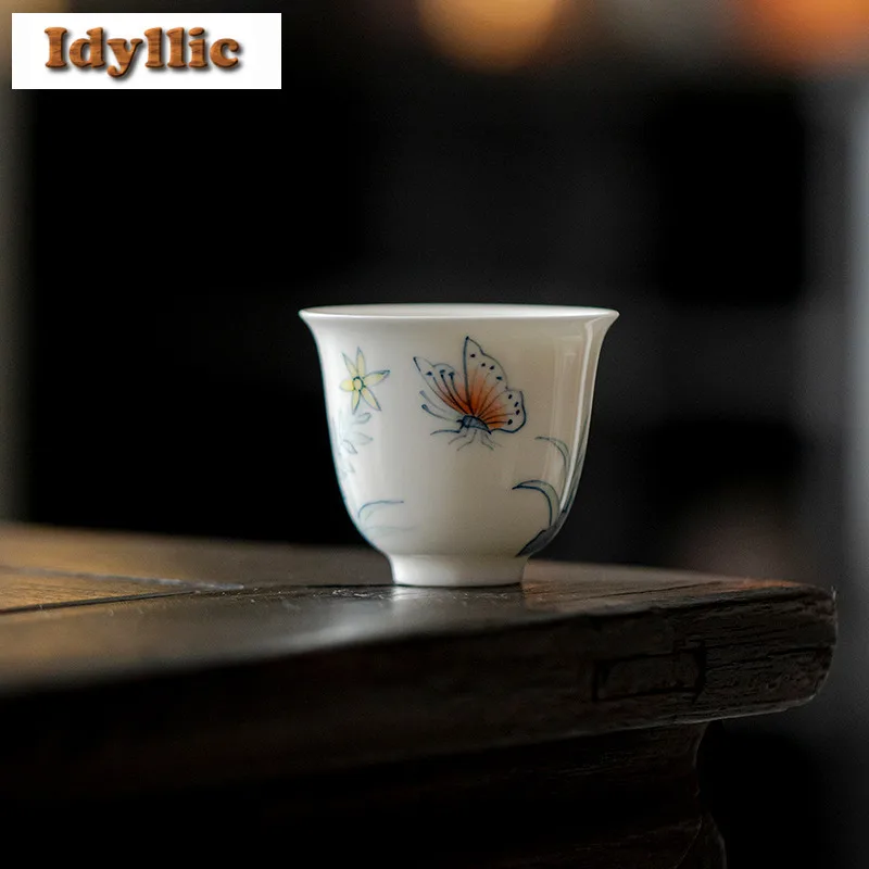 

2pc/lot Hand-painted Blue And White Butterfly Teacup Vintage Tea Bowl Jug Tea-tasting Meditation Cup Chazhan Master Cups 55ml