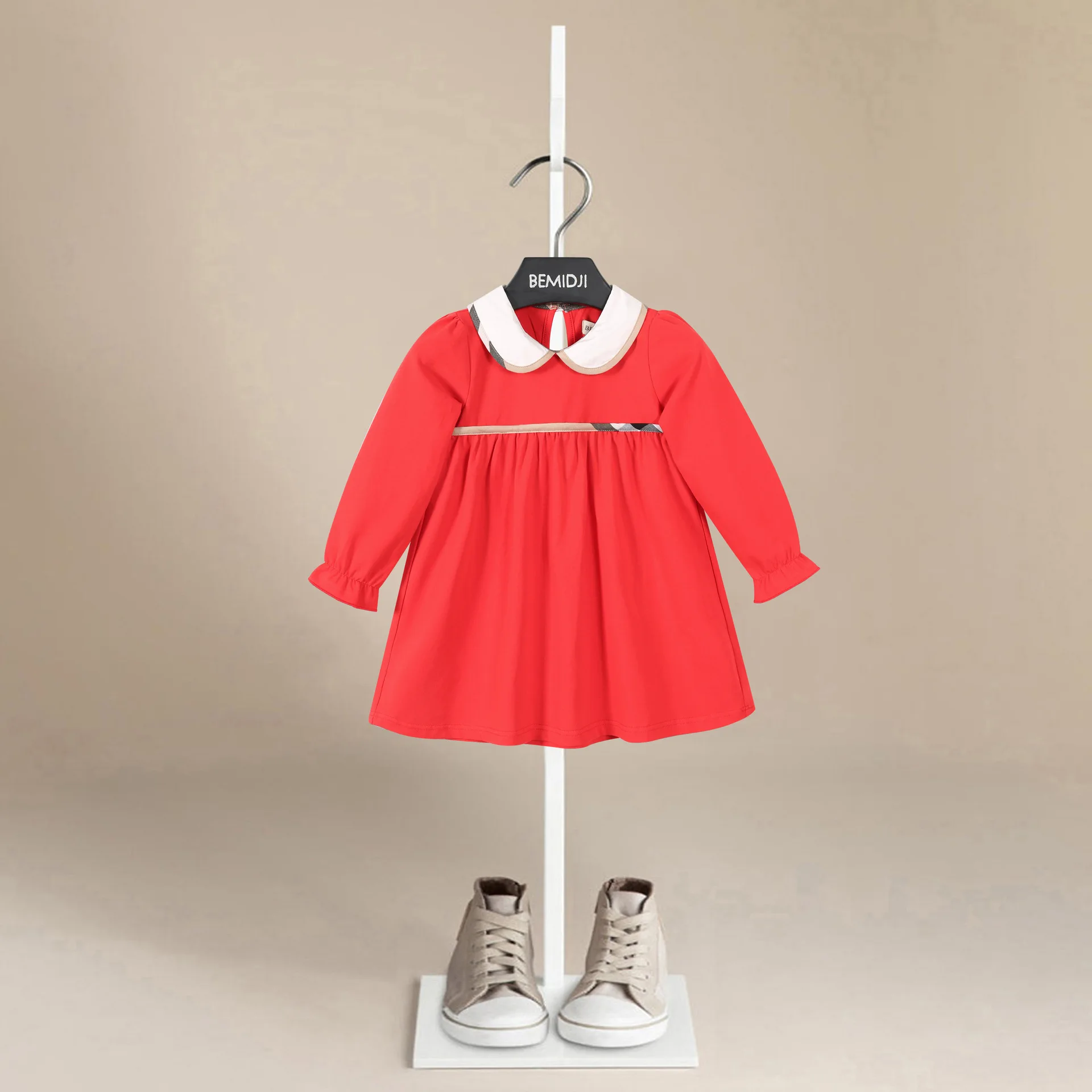 Baby Girl Dress 2-7Years Autumn White Doll Collar Long Sleeve Red Dresses  Toddler A-line One-Pieces Korea Spring Clothing