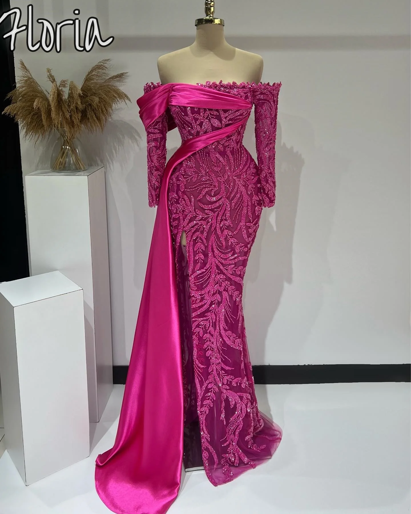 ชุดราตรีเปิดไหล่สีบานเย็น2024ชุดนางเงือกขบวนแห่แบบเป็นทางการประดับลูกปัดสูงชุดเดรสปาร์ตี้แต่งงานแบบทางการ