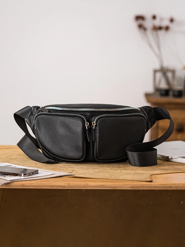 outdoor travel sports luxury first layer cowhide men's black multi-pocket chest bag casual genuine leather riding crossbody bag