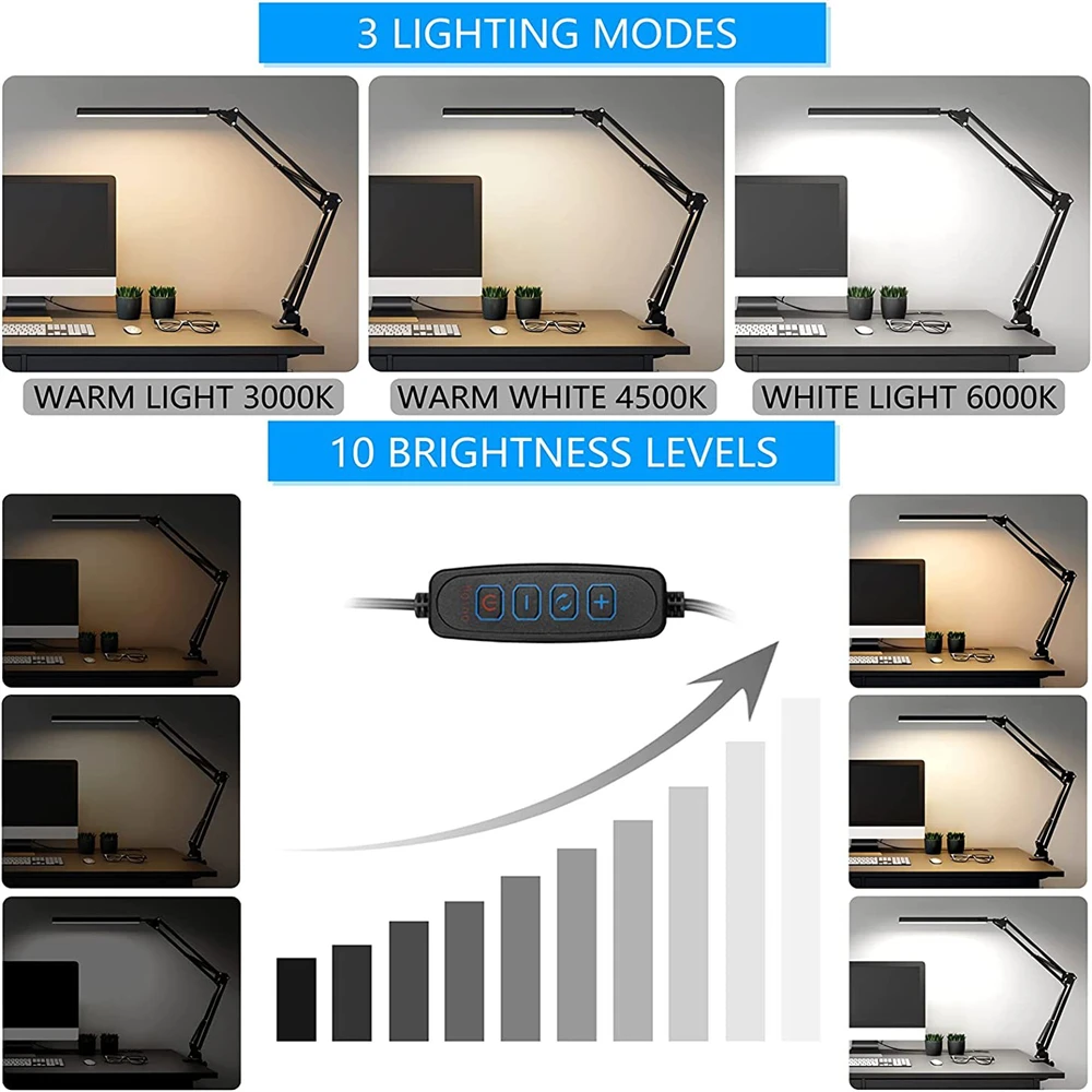 LED Desk Lamp Clip on Light Clamp Long Arm Diming Table Lamp 3 Lighting Modes Adjustable For Living Room Reading Computers