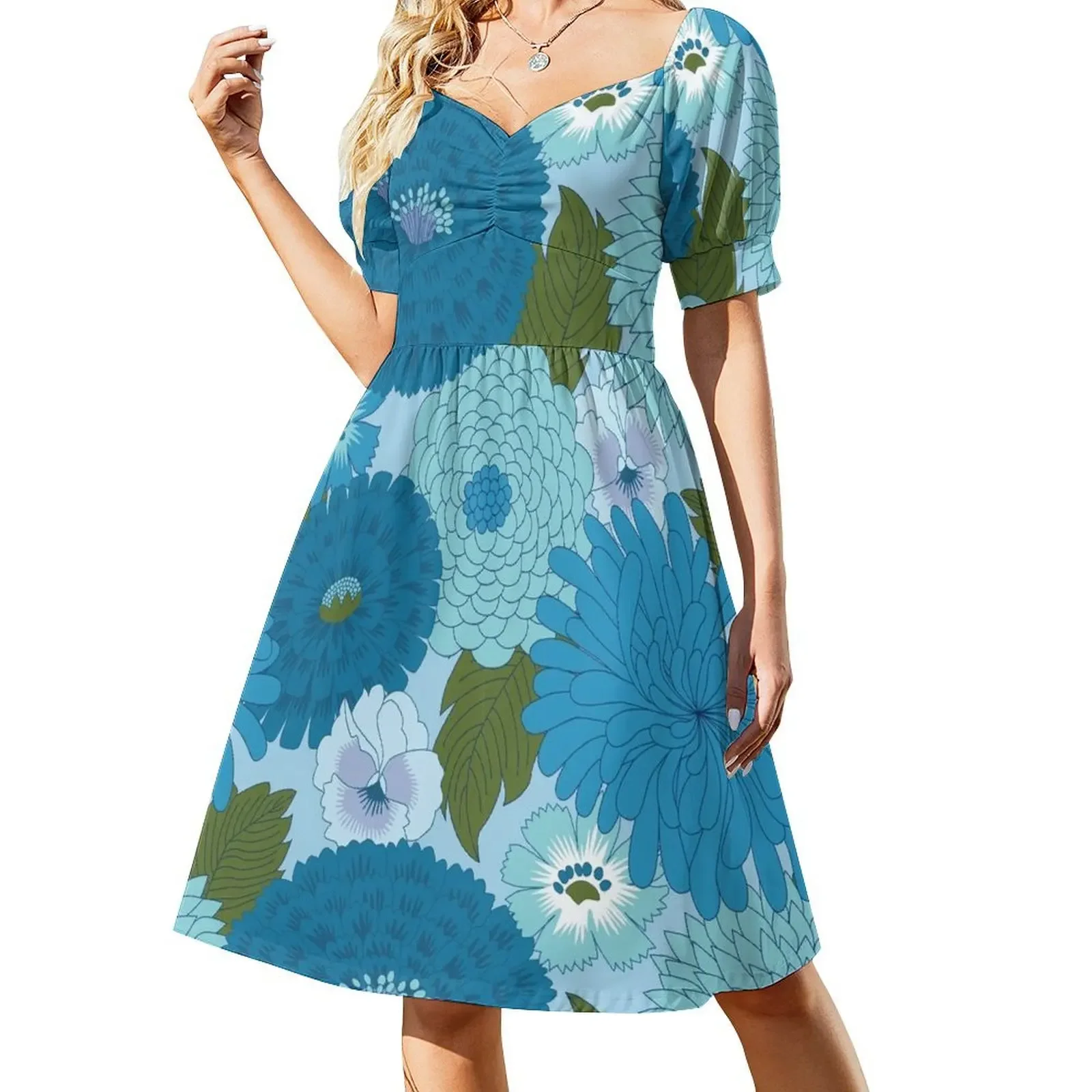 Retro Blue Floral Pattern Short-Sleeved Dress summer dress daily elegant women's sets