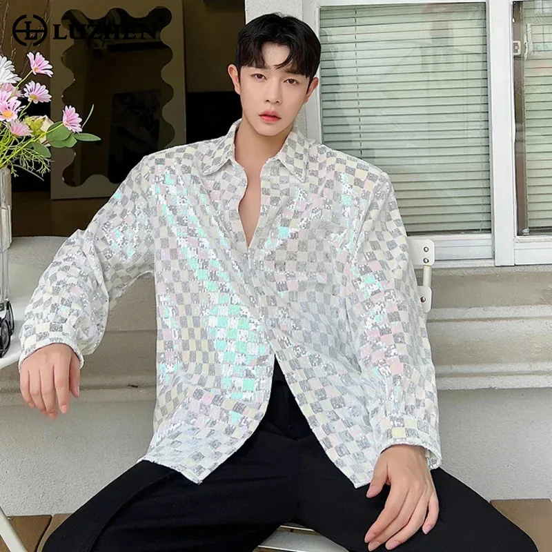 LUZHEN Reflect Light Plaid Design Elegant Long Sleeve Shirts Korean Fashion Men's Casual Tops 2025 Spring Trendy Clothes LZ1800