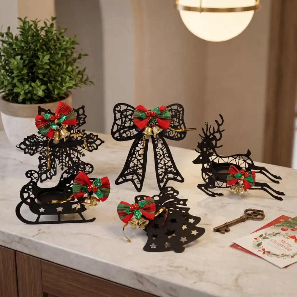 Deer Elk Christmas Candle Holder Bell Snowflake Christmas Ornaments Bow Hollowed-out Xmas Desk Decoration Mantel Decor