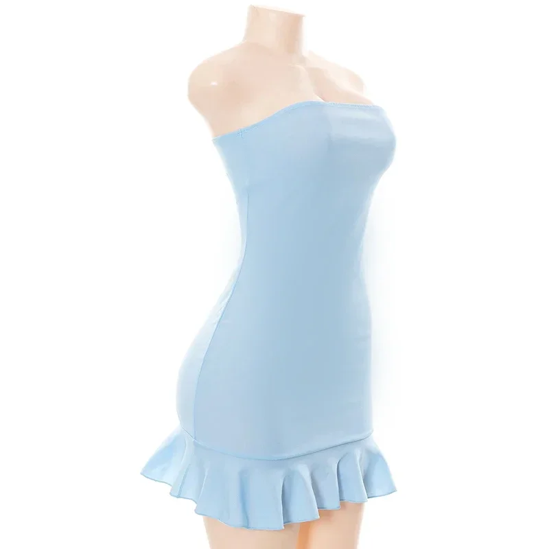 เดรสสั้นมีจีบสำหรับผู้หญิงชุดเดรสสั้นเกาะอกสีฟ้าอ่อนแบบสวมหัวชุดเซ็กซี่มีเสน่ห์ชุดออกเดท
