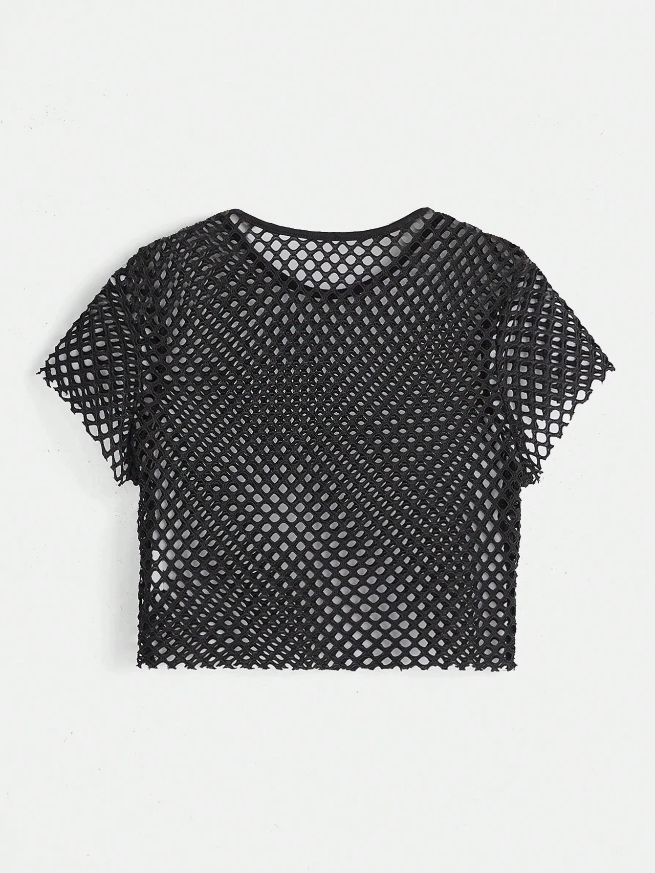 Women's Solid Color New Summer Fishnet T-shirt Short Cropped Crew Neck Sexy Tops