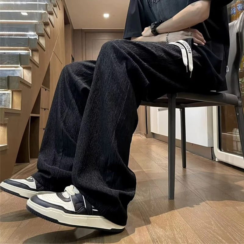 

2025 New Men's Texture Draped Ice Silk Pants Casual Straight-Leg Drawstring Baggy Sweatpants Y2K Vintage Streetwear Trousers