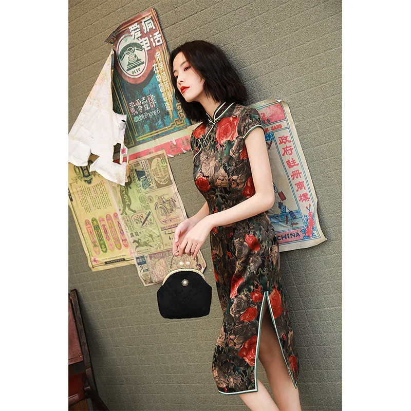 

High Quality Real Silk Qipao Cheongsam Top Skirt Slim Modified Printed Fashion Dress Temperament Artistic