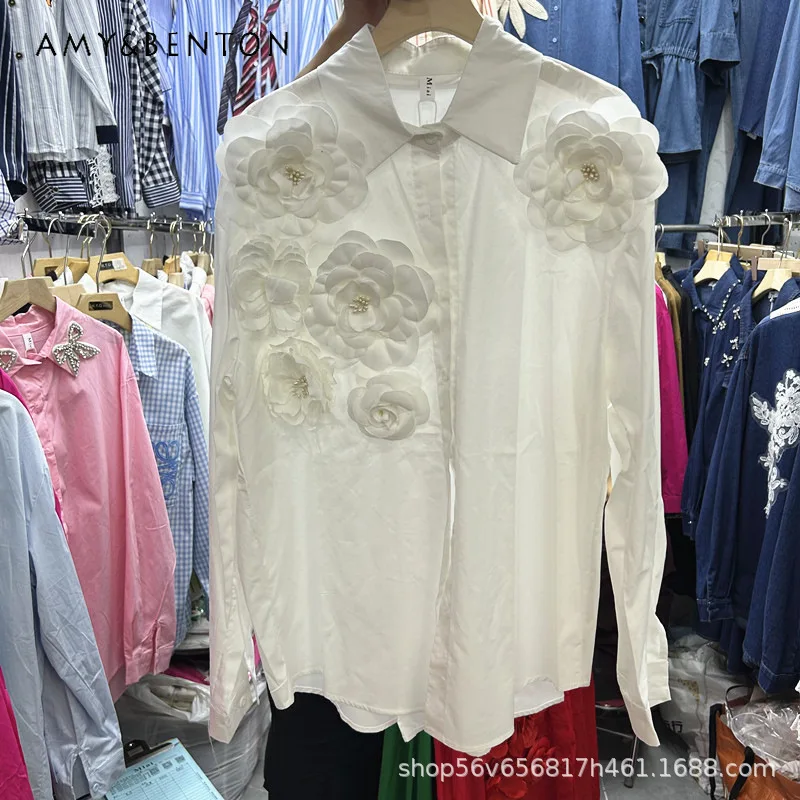 

3D Flower Polo Collar Loose Casual Blusas Women's Popular Design Versatile And Thin Long-sleeved Shirt Autumn New Blouse Ladies