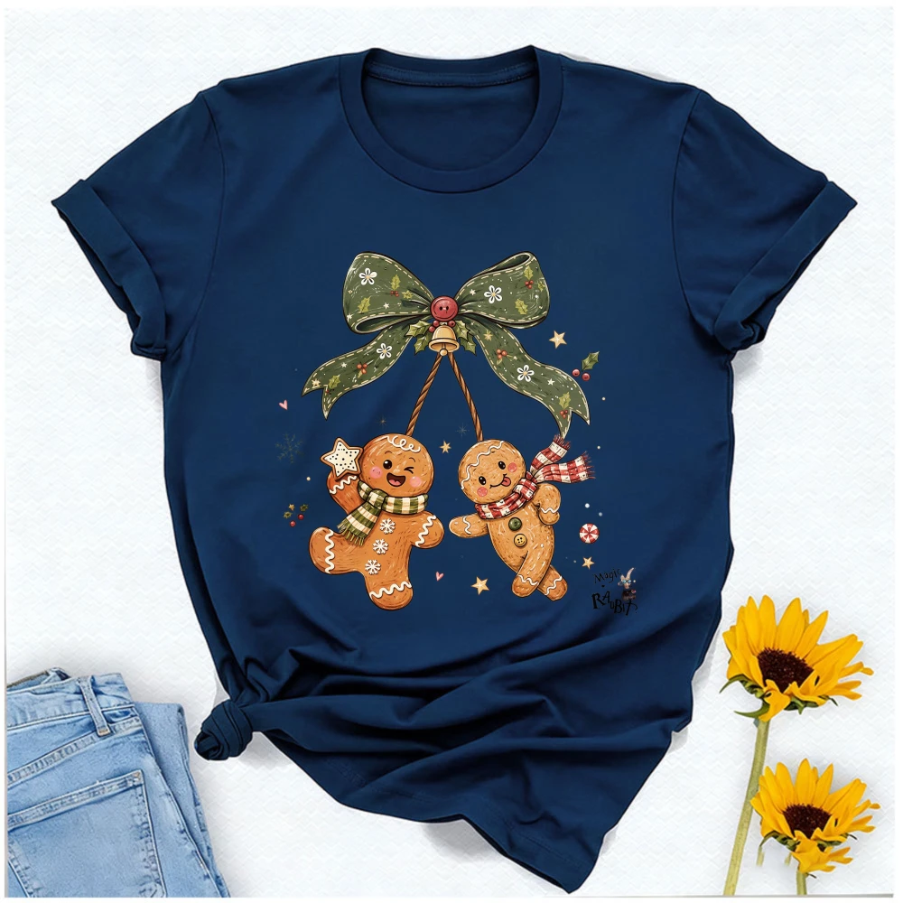 Cute Gingerbread Man Graphic T Shirt Christmas Bow Bell Snowflake Star Candy Print Winter Holiday Xmas Cookie Couple Design Tees