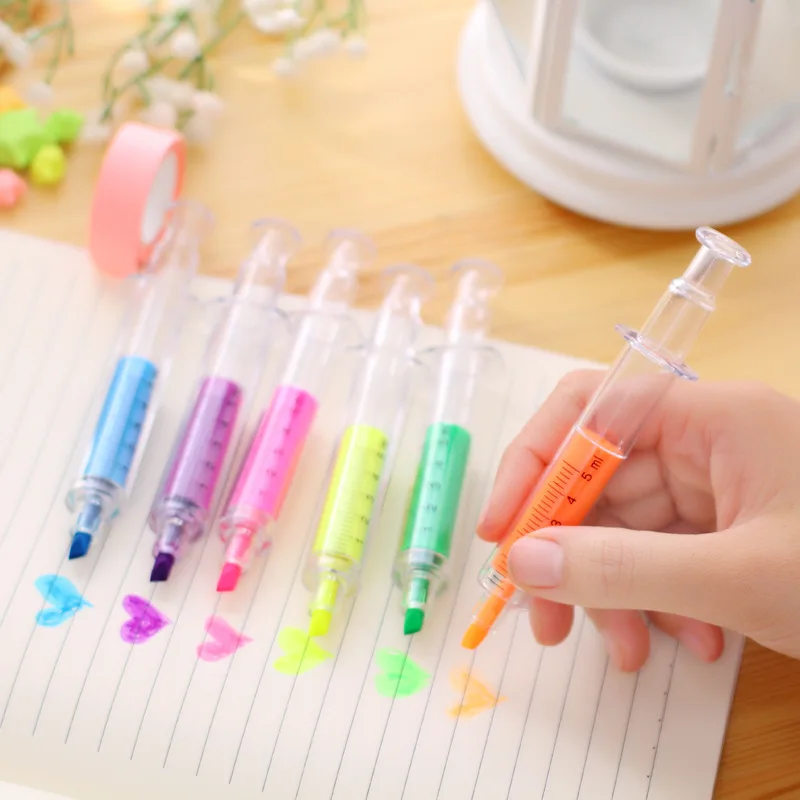 6pcs Kawaii Syringe Highlighter Pen Syringe Needle Shape Mechanical Color Ballpoint Pen For Office School Marker Writing Tool