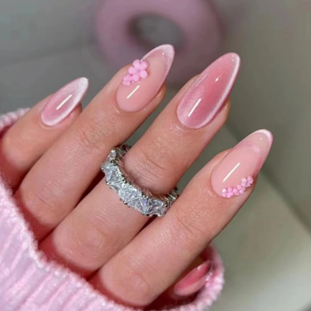 

24pcs French Cat's Eye Nude False Nail Tips Wearable Medium Length Almond Fake Nail Simple 3D Flower Design Press on Nails Art