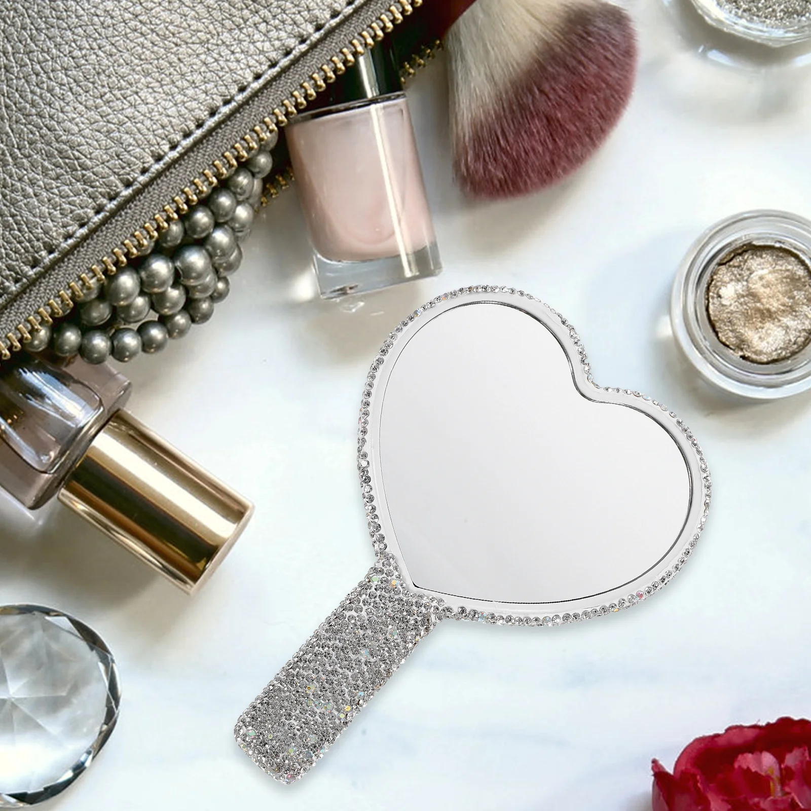 Heart Shaped Purse Mirror with Handle Rhinestone Design Hd Reflection Stylish and Portable for Travel Use Heart Shaped Mirror