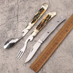 New 440C Steel Multi functional Deer Horn Handle Portable Outdoor Camping Folding Fishing Pocket EDC Tool Knife