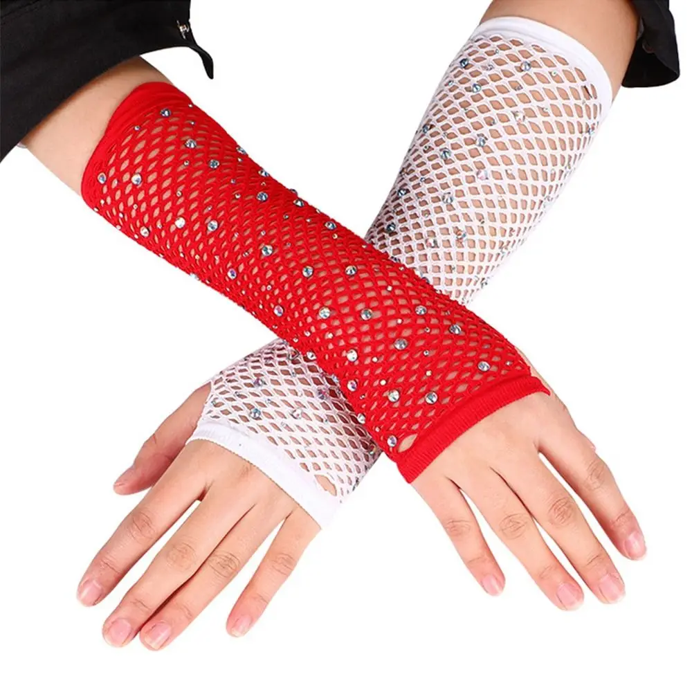 Fashion Elastic Mesh Gloves With Colored Flash Diamonds Bungee Stage Performance Hollow Fishing Net Punk Hiphop Women\'s Gloves