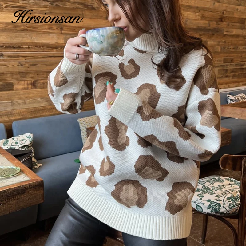 Hirsionsan Winter Women Sweater Leopard Print Basic Knitted Turtleneck Oversize Pullovers Jumper Vintage Warm Clothes for Lady