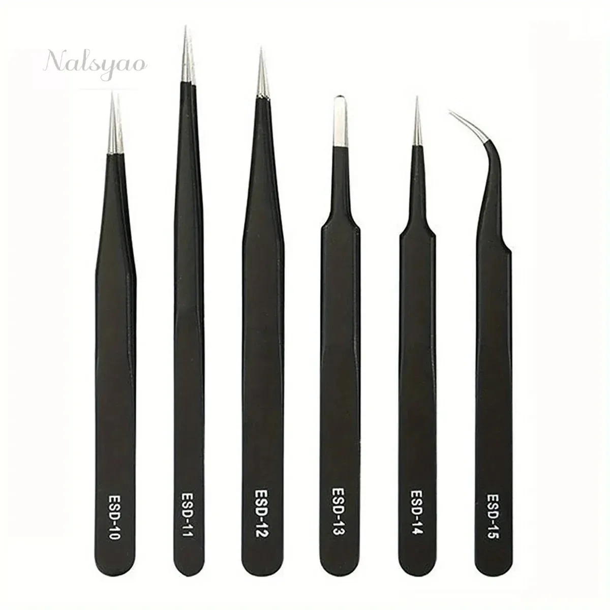 Precision ESD Anti-Static Tweezers Set 6-PC Durable Stainless Steel Tool for Electronic Repair Process Modeling Bending