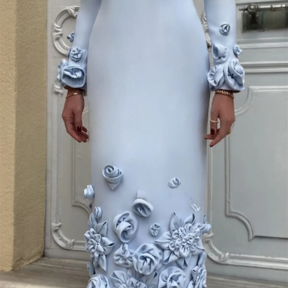 Kobe Blue 3D Flower Mom Pretended Prom Dress Four-Way Stretch O-Neck Wedding Dresses Long Sleeves vestidos de noche Customized