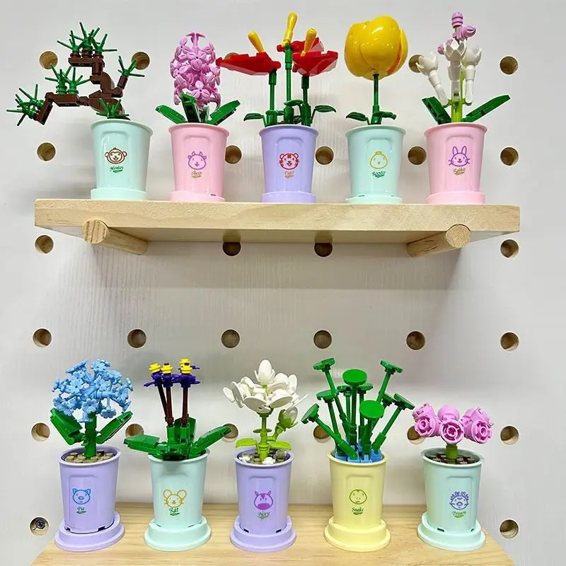 Creative Kawaii Milk Tea Cup Building Block Flower Bouquet Potted DIY Rose Bricks Decor Toys For Children Kids Christmas Gift