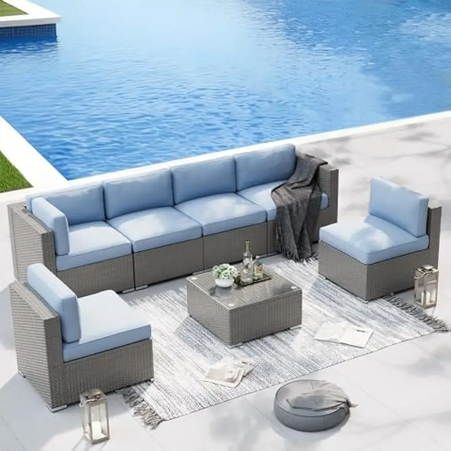 Outdoor Patio Furniture Set, Grey Rattan Outdoor Patio Sectional Conversation Set, Modular Sofa Set with Coffee Table