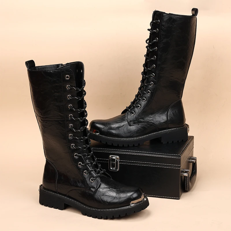 

British style men fashion punk stage high motorcycle boots lace-up natural leather shoes cowboy platform boot cool long botas