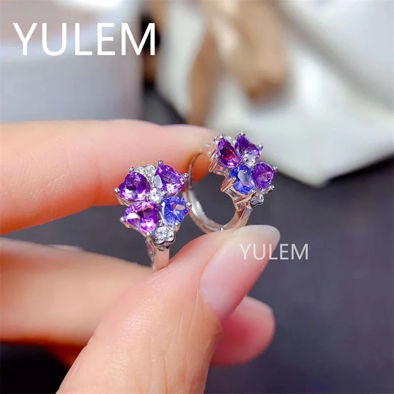 Luxurious Long Sun Flower Natural Blue Tanzanite and amethyst Ear Clip Drop Earrings 925 Silver Natural Gemstone Earrings Women view 6