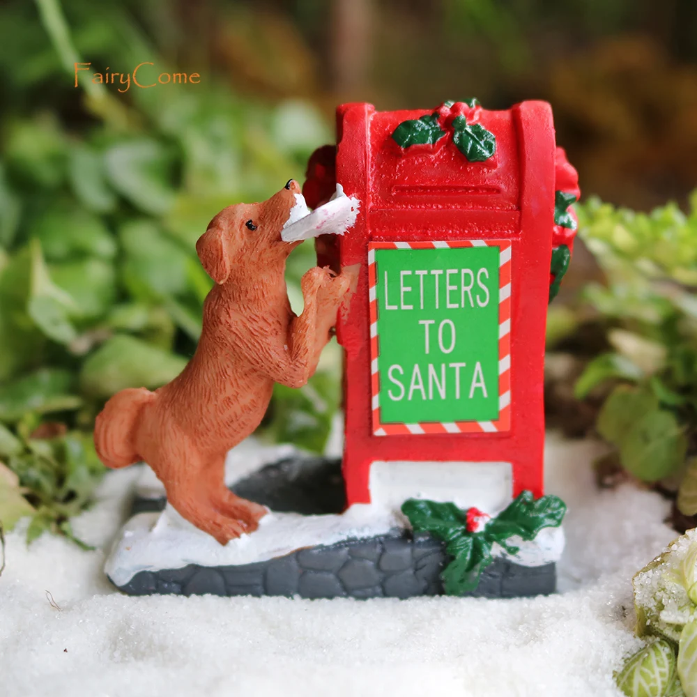 Christmas Miniature Mailbox Postbox Resin Ornaments with Puppy for Christmas Village Street Decoration Fairy Garden Accessories