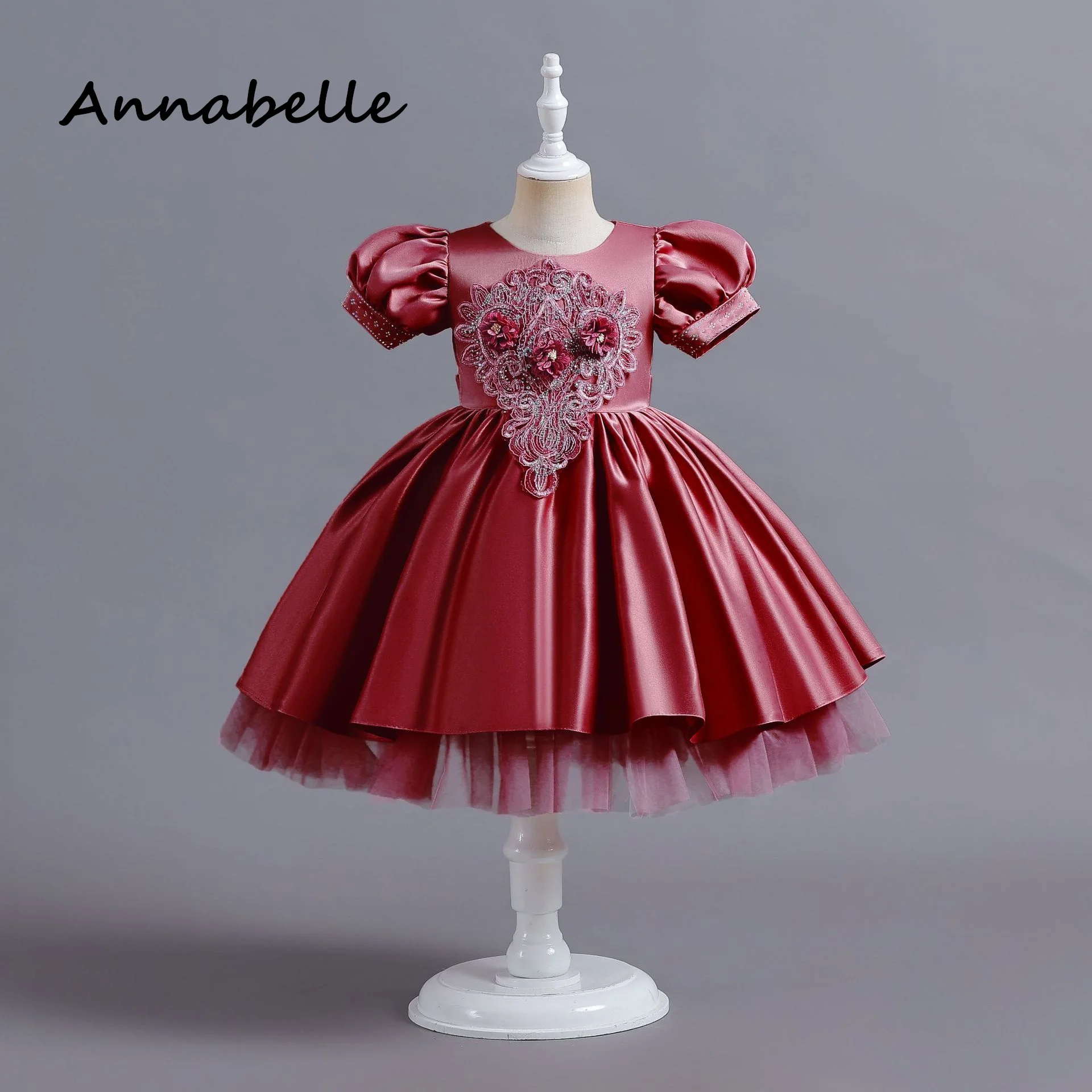 Annabelle-Robe de princesse fleurie pour petite fille, tenue à manches courtes, col rond, avec nœud, pour cérémonie, anniversaire, mariage, demoiselle d'honneur