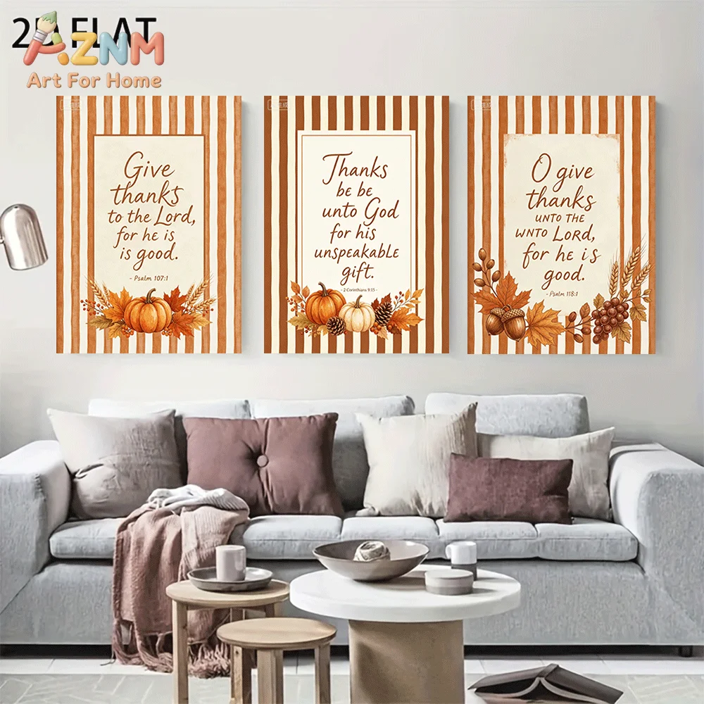 AZNM Frameless Canvas Wall Art, Fall Thanksgiving Bible Verse Print, Striped Background Pumpkin Maple Leaf Scripture Art Poster