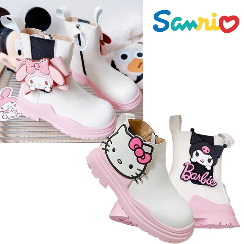 

Anime Sanrios My Melody Kuromi Kawaii Cartoon Girl Leather Boots Autumn Winter Chelsea Mid-Calf Pink Princess Shoes Martin Boots