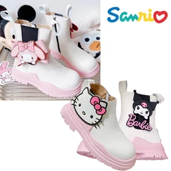 Anime Sanrios My Melody Kuromi Kawaii Cartoon Girl Leather Boots Autumn Winter Chelsea Mid-Calf Pink Princess Shoes Martin Boots