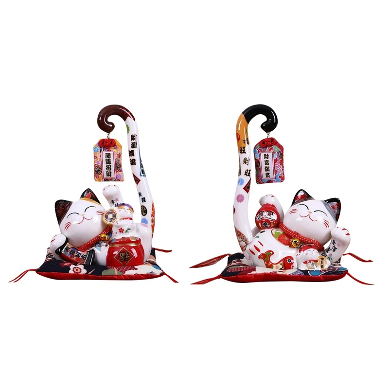 

8,6-дюймовая керамическая копилка Maneki Neko Lucky Cat, копилка для монет, японский длинный хвост, кошка удачи, фэн-шуй, домашний декор