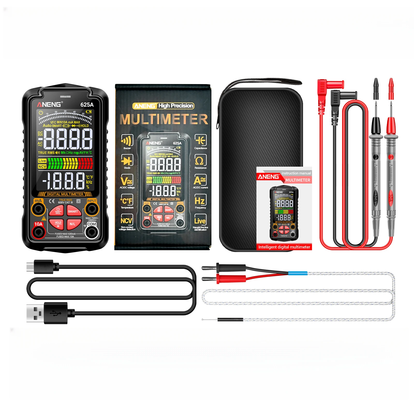 

625A Intelligent Digital Multimeter 6000 Count Rechargeable Multifunctional Electrician Maintenance Measuring Tool with 1000mAh