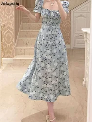 Short Sleeve Dresses A-line Chiffon Midi Floral Print Gentle Elegant Defined Waist Empire Spring Summer Vestidos Female Chic Ins