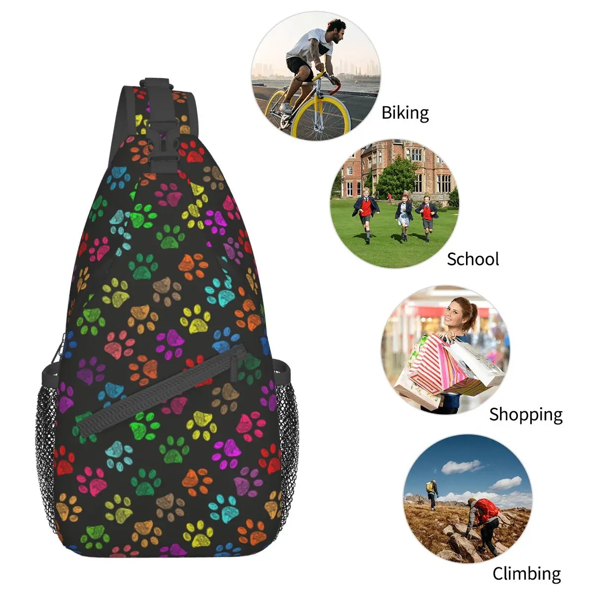 Bunte Pfote Fuß Cross body Schulter taschen coole Brusttasche Hund Katze Schulter Rucksack Tages rucksack für Wander reise Reisetasche