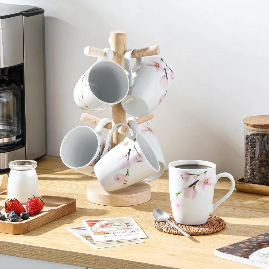 مجموعة من 6 أكواب قهوة سعة 11 أونصة مع مقبض مجموعة أكواب سيراميك بتصميم زهور للاستخدام في المطبخ مثالية للميكروويف الروتيني الصباحي اليومي #6