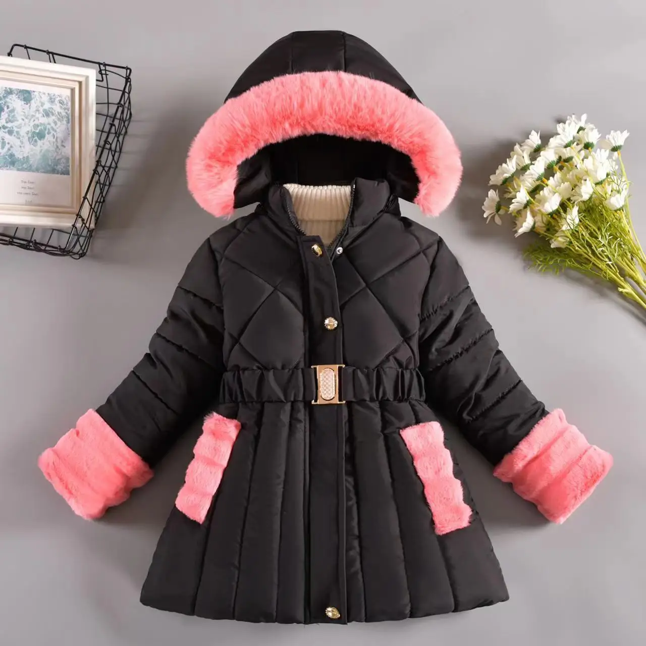 

Girl's cashmere thickened foreign atmosphere cotton-padded jacket girl medium long fashion cotton-padded jacket new trend