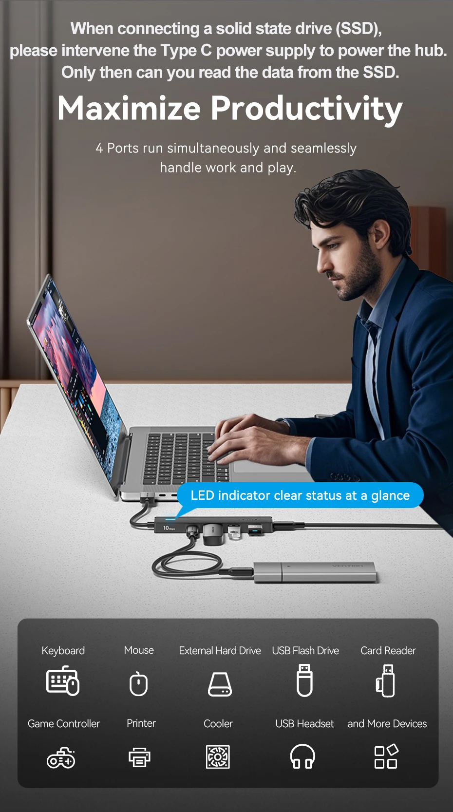 Vention USB 3.2 Gen2 HUB 5 Ports Splitter 10 Gbit/s USB A Typ C HUB Multiport Adapter für MacBook iPad Laptop Erweiterung PC Desktop – Detail 7