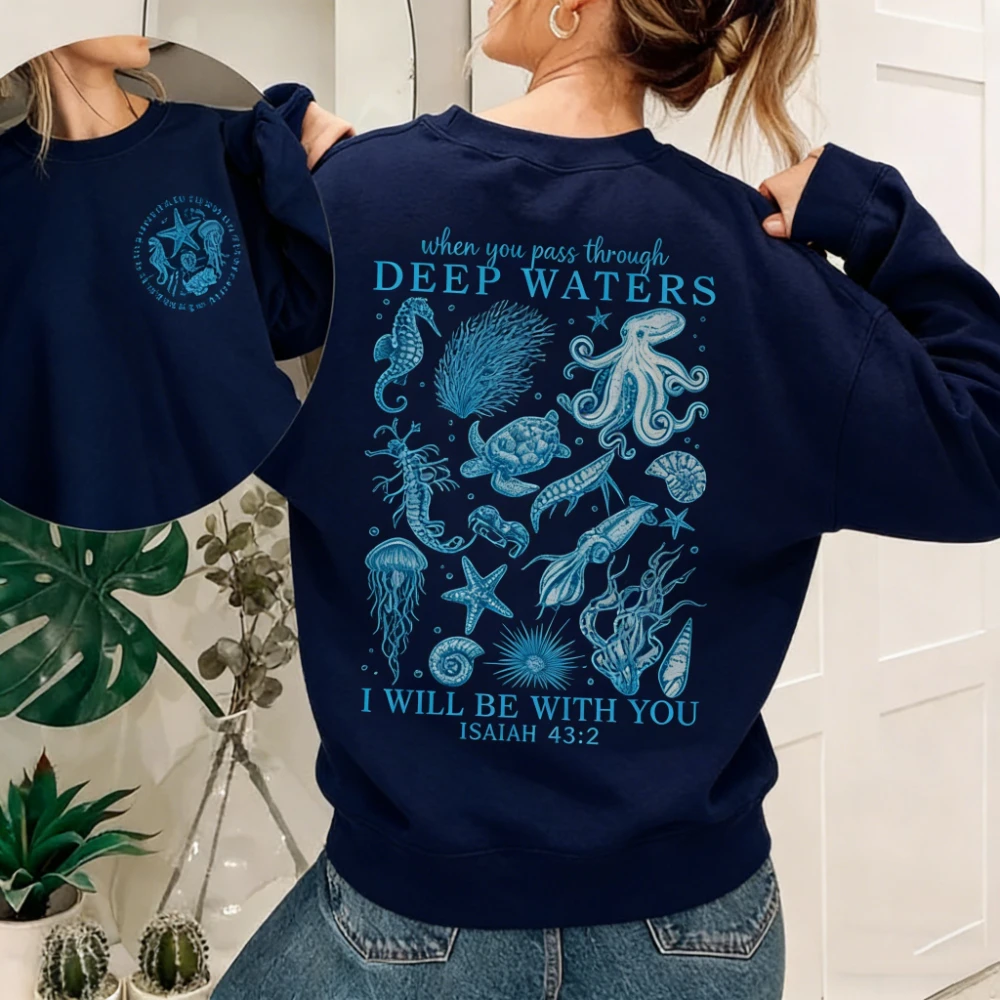 เสื้อฮู้ดลายสัตว์ทะเลคริสเตียน หรือ เสื้อฮู้ดลายชีวิตทางทะเลริมชายฝั่ง สไตล์ชายหาด พร้อมข้อความพระคัมภีร์ พระเยซู พระคัมภีร์ ศรัทธา เสื้อผ้าสำหรับฤดูหนาว